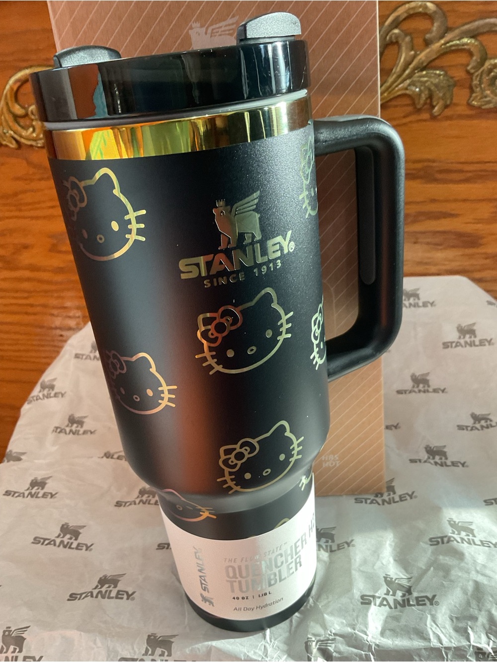 Stanley Black and Gold Hello Kitty with straw topper